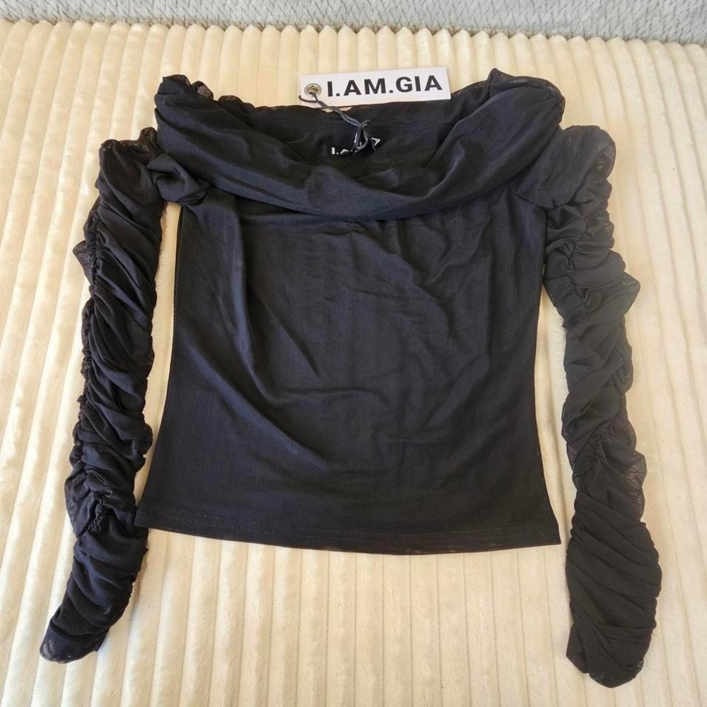 I.AM.GIA Women's Top XS Quartz Black Ruched Off-Shoulder NWT